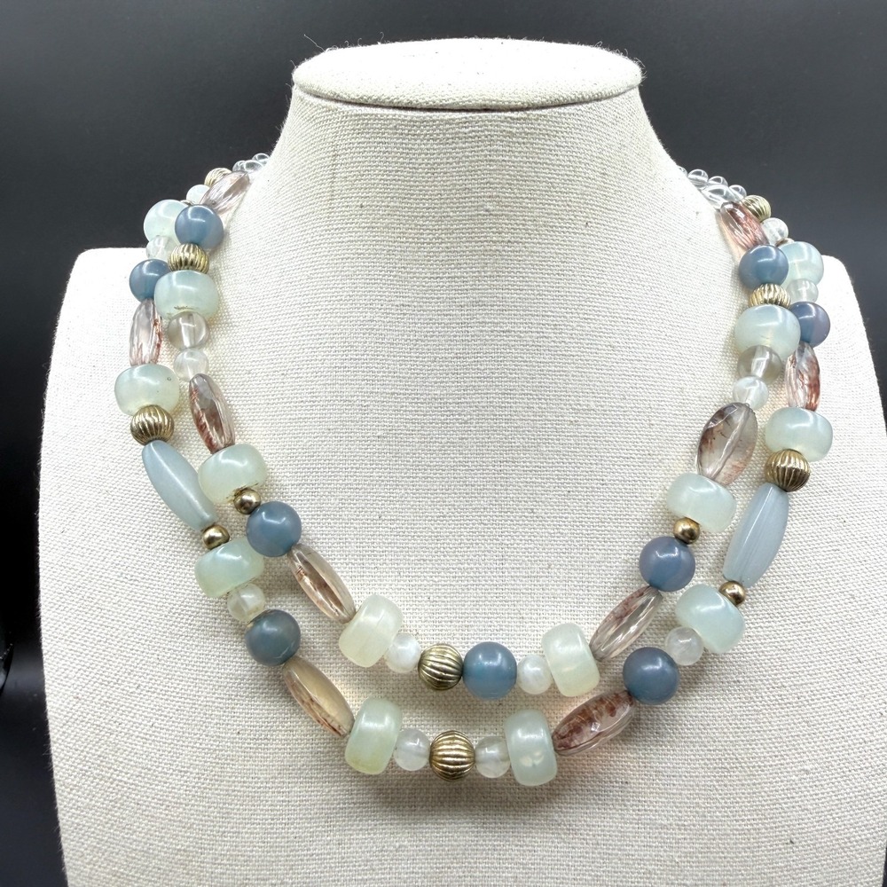 Blue Green Clear Beaded Double Strand Necklace Gold Tone Boho Statement Jewelry